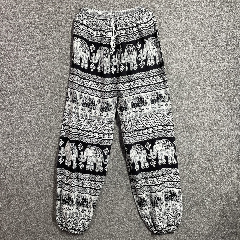 Boho Elephant Print Harem Pants Black White Smocked Waist Yoga Joggers